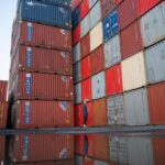 red blue and yellow intermodal containers